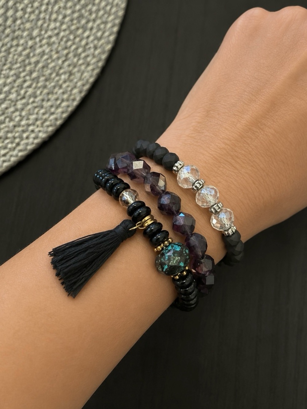 3 Black/Purple Stretchy Beaded Bracelet Set